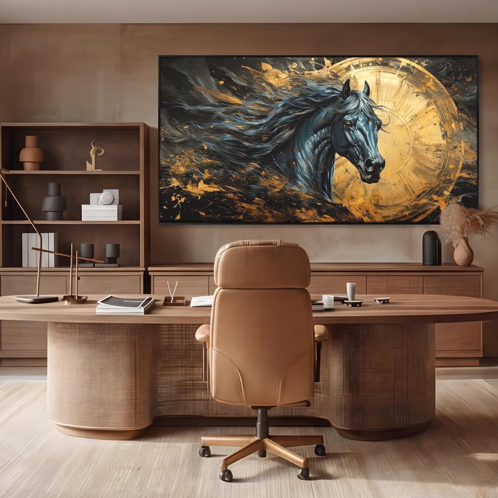 Tablou canvas cu tablou canvas cu un cal negru si coama in vant, in rama de aluminiu negru, pe perete intr-un birou